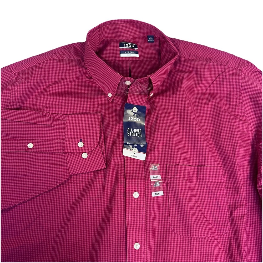 IZOD Men's Size XXL (18.5) All Over Stretch Dress Shirt‎ Check Gingham Cranberry